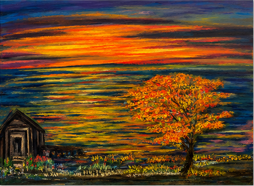 Autumn Water by JMAR, sunset over water with autumn tree