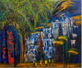 Blue Falls by JMAR, expressive blue waterfall and forest painting