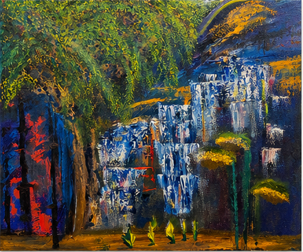 Blue Falls by JMAR, expressive blue waterfall and forest painting
