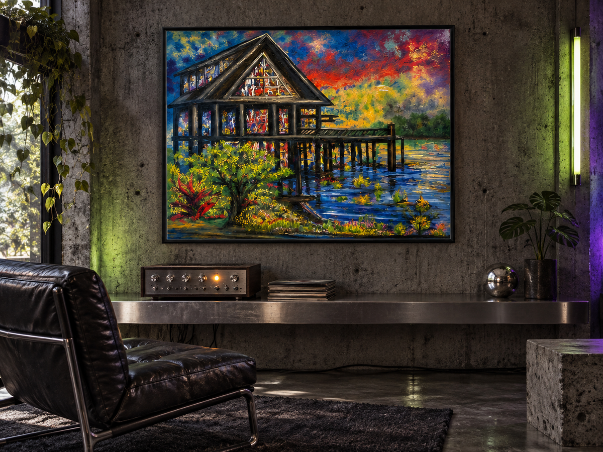 House by the Water large framed print in a futuristic grunge listening room