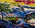 Mountain Current by JMAR, expressive landscape with windswept tree and rolling blue water