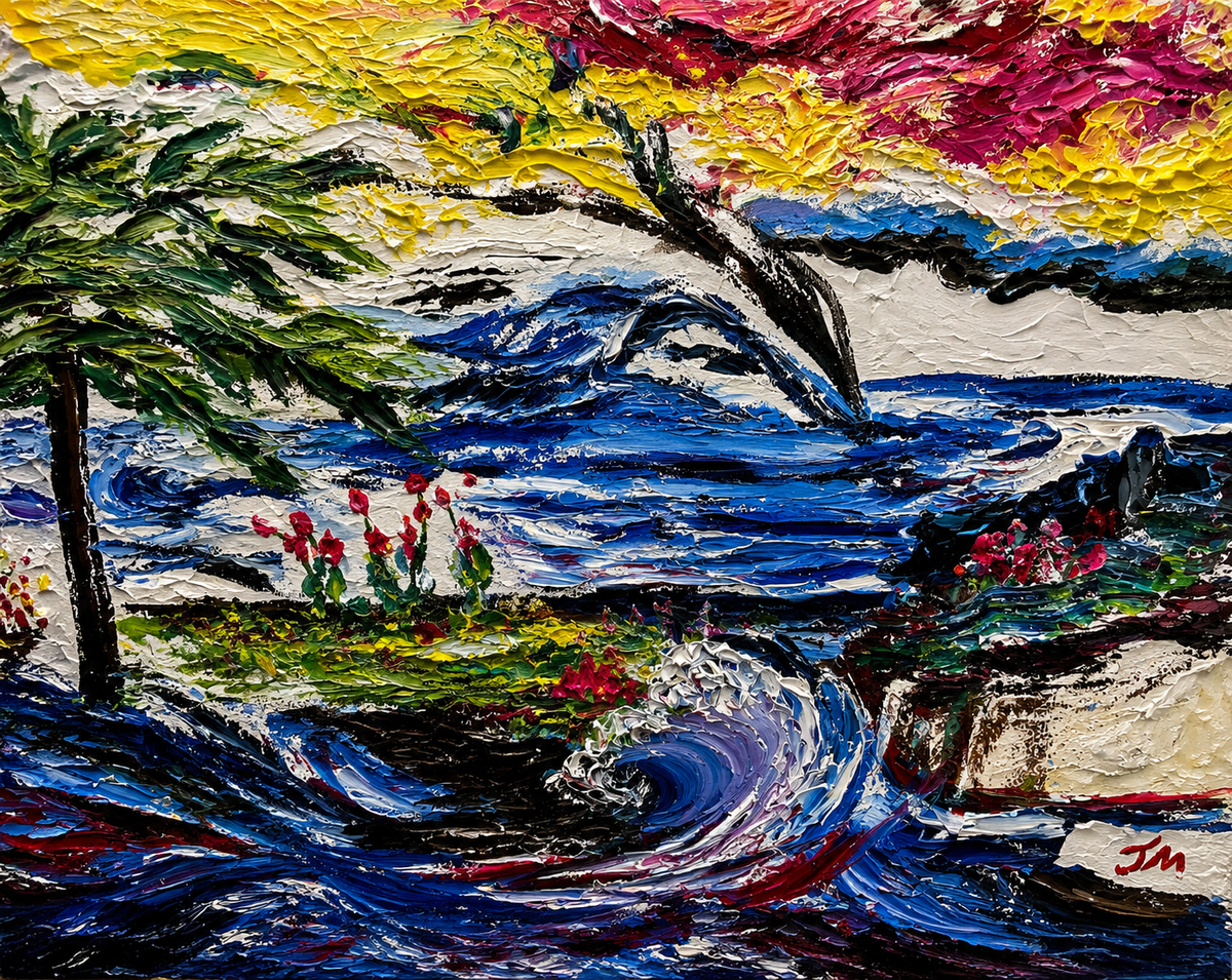 Mountain Current by JMAR, expressive landscape with windswept tree and rolling blue water