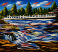 Rapids Beneath the Bridge by JMAR, impressionist river and bridge painting